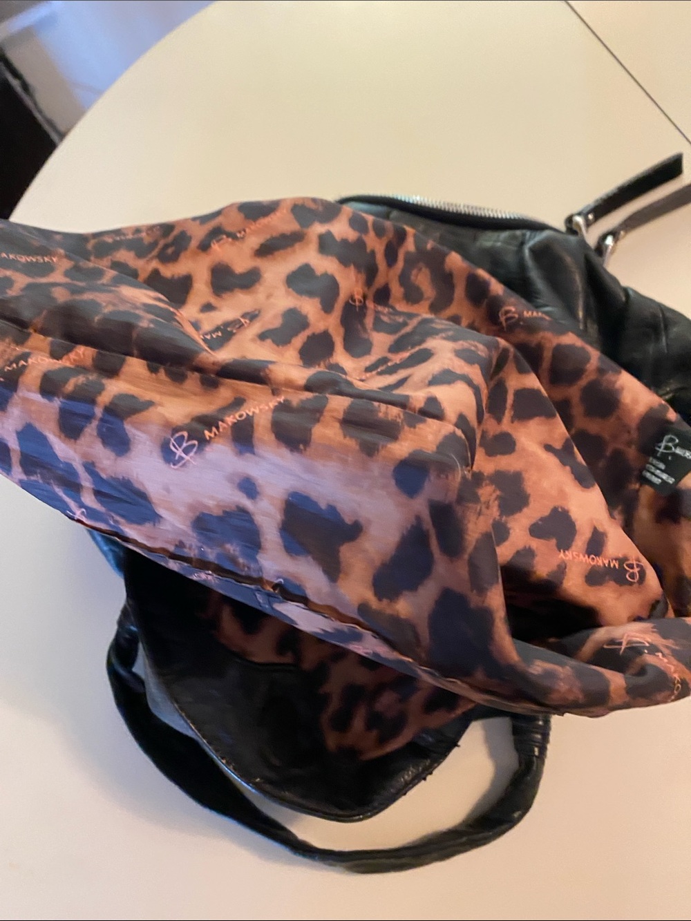b. makowsky Black Leather Shoulder Bag with Leopard-Print Lining - Picture 10 of 15